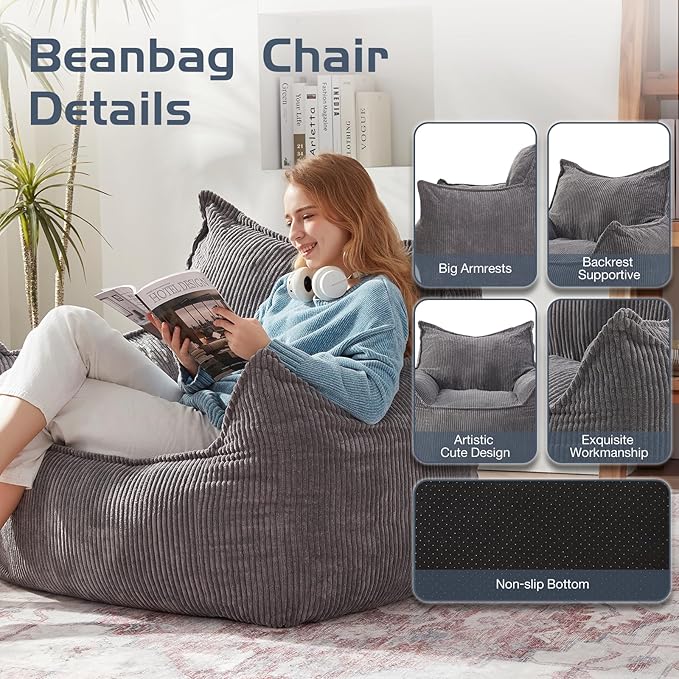 Giant Bean Bag Chair Sofa for Adults Teens, Comfy Corduroy Large Bean Bag Chairs with Armrests for Bedroom Living Room, Adult BeanBag Lazy Sofa Couch Chairs with Filler Included-Ruum Studio Home
