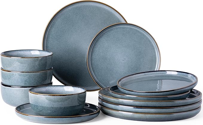 GBHOME Ceramic Dinnerware Sets for 4, 12 Pieces Stoneware Plates and Bowls Sets, Reactive Glaze Dishes -Scratch Resistant, Dishwasher&Microwave Safe, Space Blue-Ruum Studio Home