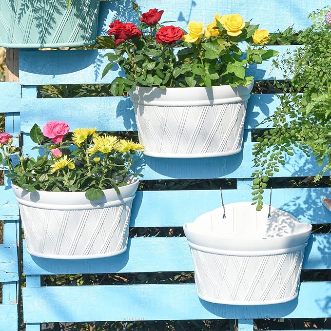 Sungmor Wall Hanging Planters,11.5 Inch Hanging Flower Pots for Railing Fence - Indoor Outdoor Balcony Wall Hanging Basket, Plastic Plant Pot Container - Half Round & 3PC Pack & Grey White-Ruum Studio Home