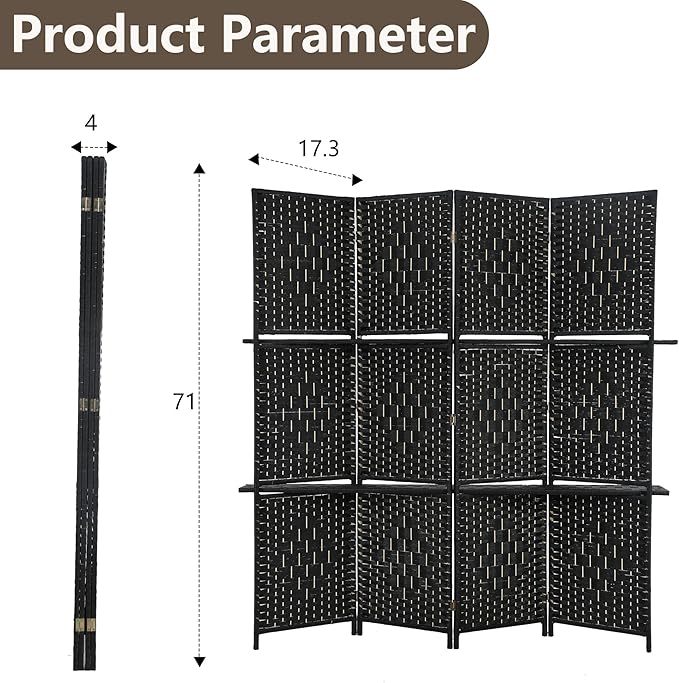 Room divider 4 panel Room Screen Divider Wooden Screen Folding Portable Partition Screen Wood with Removable Storage Shelves Color,Black-Ruum Studio Home