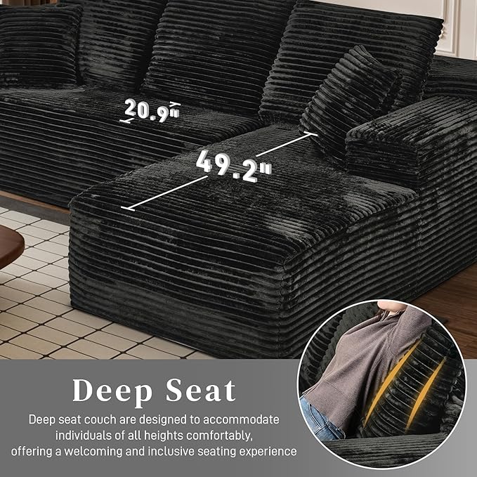 Modular Sectional Sofa Cloud Sectional Couch, 107" Comfy Fluffy L Shaped Black Couches for Living Room, Deep Seat Memory Foam Plush Corduroy Boneless Couch Sectionals with Right Facing Chaise Sofa-Ruum Studio Home