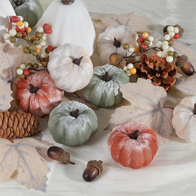 Artmag 25 PCS Pumpkin Decor Set, Artificial Fabric Pumpkins Decor with Acorns, Pinecones, Berries, Maple Leaves for Fall Halloween Thanksgiving Decorations Home Table-Ruum Studio Home