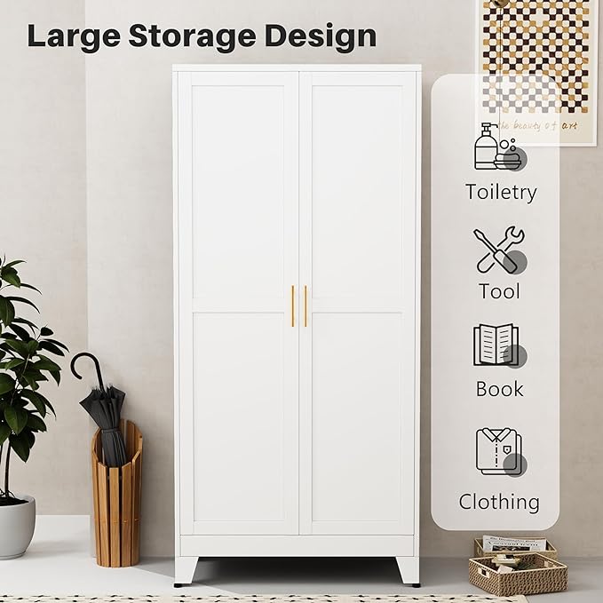 Metal Pantry Cabinet with 2 Doors and Adjustable Shelves - 71" Kitchen Storage Cabinet with Gold Handles - Versatile Storage for Kitchen, Bathroom, Dining Room, Utility Room - White-Ruum Studio Home