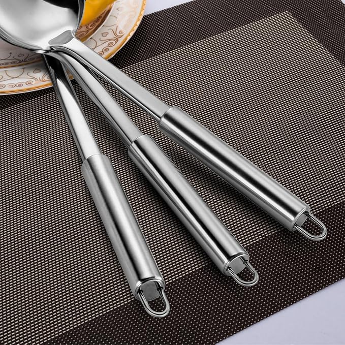 Pleafind Serving Utensils Set for Parties,3-Piece Silver Stainless Steel utensils set,Includes 1 Serving Spoon, 1 Slotted Spoon and 1 Soup Ladle,Serving Spoons for Buffet-Ruum Studio Home