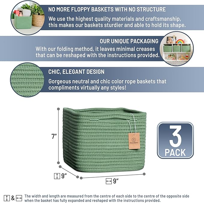 NaturalCozy Storage Cubes 9”x9”x7”Cotton Rope Woven Baskets for Organizing 3-Pack | 9 Inch Cube Storage Bin | Small Basket for Shelf Nursery, Pantry, Decorative Plant, Bathroom Closet, Toy Gift-Ruum Studio Home