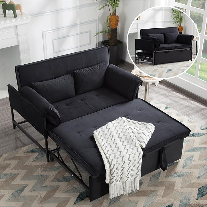 Pull Out Sofa Bed, 46” Futon Couch with Convertible Sleeper, Velvet Pull Out Couch with Adjustable Backrest, Small Sofa Bed with 2 Pillows for Living Room Office Guest Room, Black-Ruum Studio Home