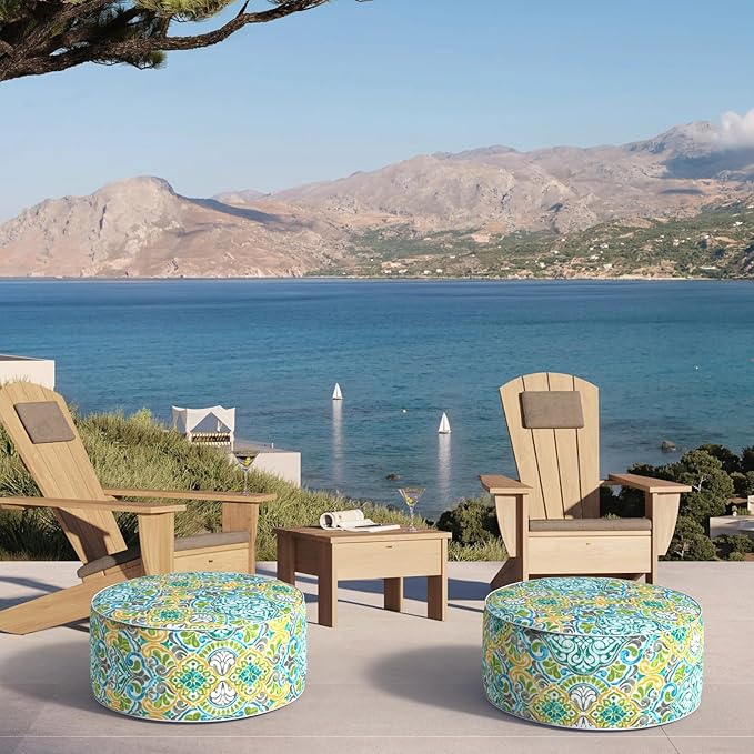 Inflatable Ottoman Stool D21 xH9 for Outdoor/Indoor Use, Water Repellent Patio Foot Rest Stool with Portable Handle,Round Pouf Ottoman Suitable for Garden,Deck and Camping - Damask Green-Ruum Studio Home