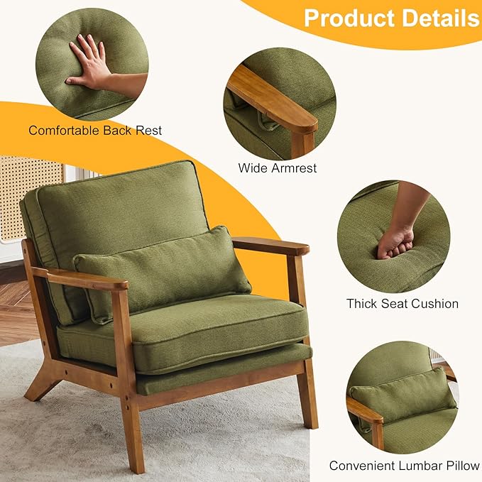 Karl home Accent Chair Wide Armrest Mid-Century Lounge Chair Linen Fabric Armchair with Lumbar Pillow & Solid Wood Frame for Living Room, Bedroom, Balcony, Green-Ruum Studio Home