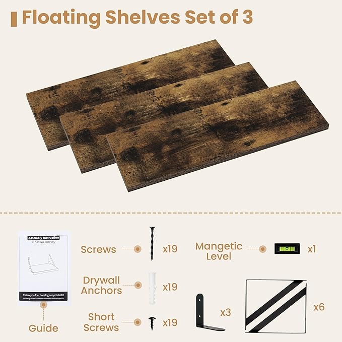 Heimlove 24 Inches Rustic Brown Floating Shelves,8 Inches Deep Wall Bookshelf Mounted Display&Storage Wood Wall Shelves for Kitchen Bathroom Laundry Living Room,Set of 3-Ruum Studio Home