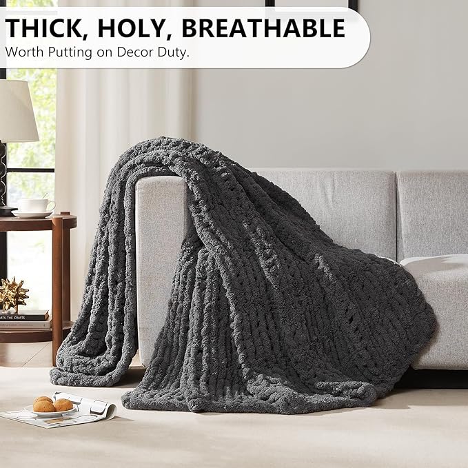 L'AGRATY Chunky Knit Blanket Throw - Soft Throw Blanket 60x80: 100% Hand Kintted Chenile Crochet Throw Blanket for Couch - Large Cable Knit Blanket for Home Decor(Dark Grey)-Ruum Studio Home