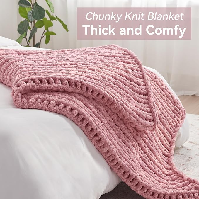 Chunky Knit Throw Blanket, 30''*40'' Knitted Throw Chenille Yarn for Bed Couch, Handmade Light Pink Crochet Big Thick Blanket, Machine Washable Cute Comfy Blanket for Home Decor-Ruum Studio Home