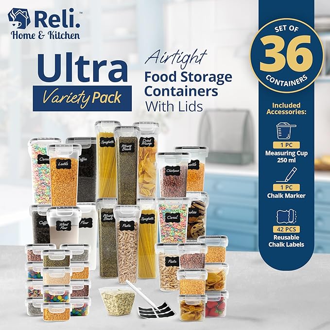 Reli. Airtight Food Storage Containers with Lids (36 Sets) | Kitchen Organizers and Storage Pantry Organizers | BPA Free Plastic Food Containers | Ultra Variety Pack w/Measuring Cup, 42 Labels, Pen-Ruum Studio Home