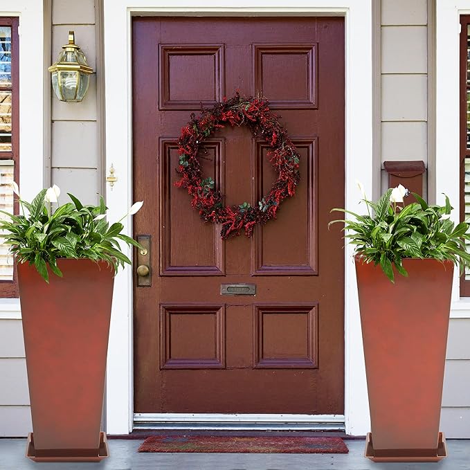 KOL 25''H. Galvanized Steel Planter with Saucer, Tall Glazed Planter Pots for Indoor & Outdoor Use, Set of 2, Decorative Flower Plant Pots with Drainage Hole for Porch, Patio, Deck - Reddish Brown-Ruum Studio Home