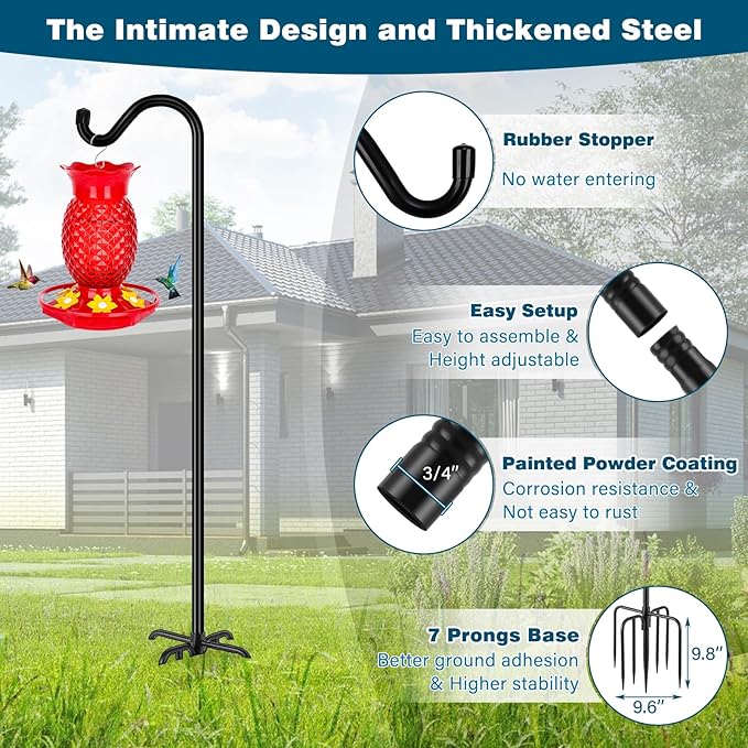 Gtongoko 92 Inch 2 Pack Bird Feeder Poles for Outdoors Heavy Duty, Shepherds Hooks for Outdoor, Hummingbird Feeder Stand, Adjustable Hanger for Plant, Lights, Lanterns Wedding Decor with 7 Prongs Base-Ruum Studio Home