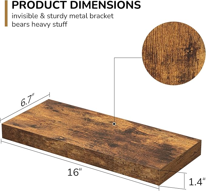 Fun Memories Floating Shelves - 16 Inch Rustic Brown Wall Shelf - Wall Mounted Shelves for Wall Decor Storage - Wooden Shelves with Invisible Brackets for Living Room, Bedroom, Kitchen, 2 Pack-Ruum Studio Home