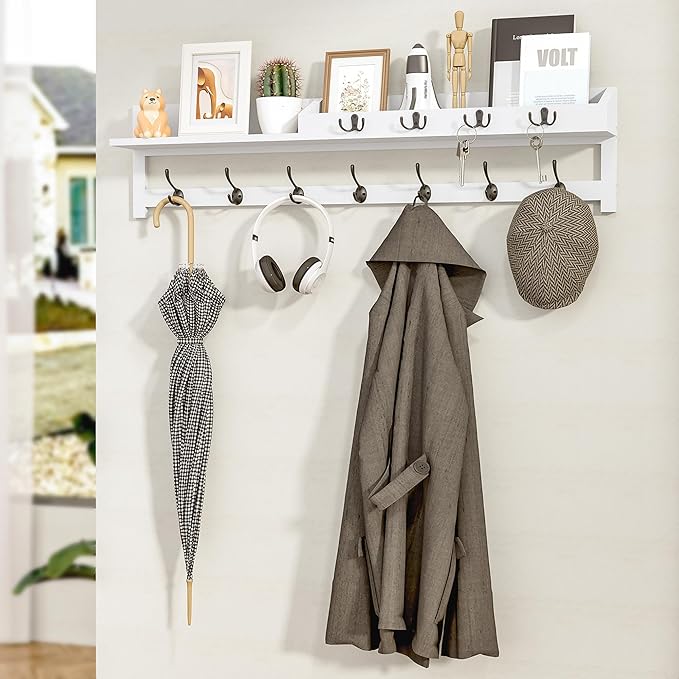 AMBIRD 35 inch Coat Rack Wall Mount, Extra Long Coat Hooks Wall Mount, Entryway Shelf with 7 Dual Coat Hooks 4 Key Hooks Mail Organizer, Wooden Wall Coat Rack with Hooks, Key Holder Rack (White)-Ruum Studio Home