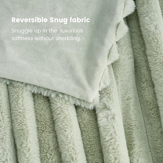 Cozy Bliss Faux Fur Throw Blanket for Couch, Cozy Warm Plush Striped Blanket for Sofa Bedroom Living Room, 50 * 60 Inches Sage Green-Ruum Studio Home