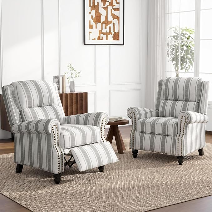 UIXE Pushback Recliner Chairs Set of 2, Fabric Armchair Push Back Accent Chair for Living Room, Rivet Trim Club Chair Overstuffed Home Theater Bedroom Reading Seat - Stripe Gray-Ruum Studio Home
