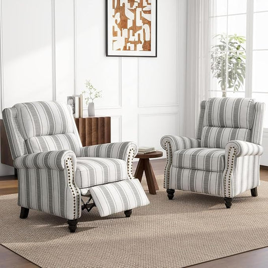 UIXE Pushback Recliner Chairs Set of 2, Fabric Armchair Push Back Accent Chair for Living Room, Rivet Trim Club Chair Overstuffed Home Theater Bedroom Reading Seat - Stripe Gray-Ruum Studio Home