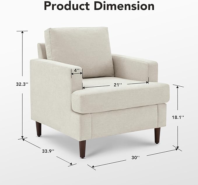 Mid-Century Accent Chair,Modern Linen Fabric Armchair for Living Room,Comfy Upholstered Reading Accent Chairs for Bedroom,Single Sofa Chair with Wood Legs (Beige, 1 Pack)-Ruum Studio Home