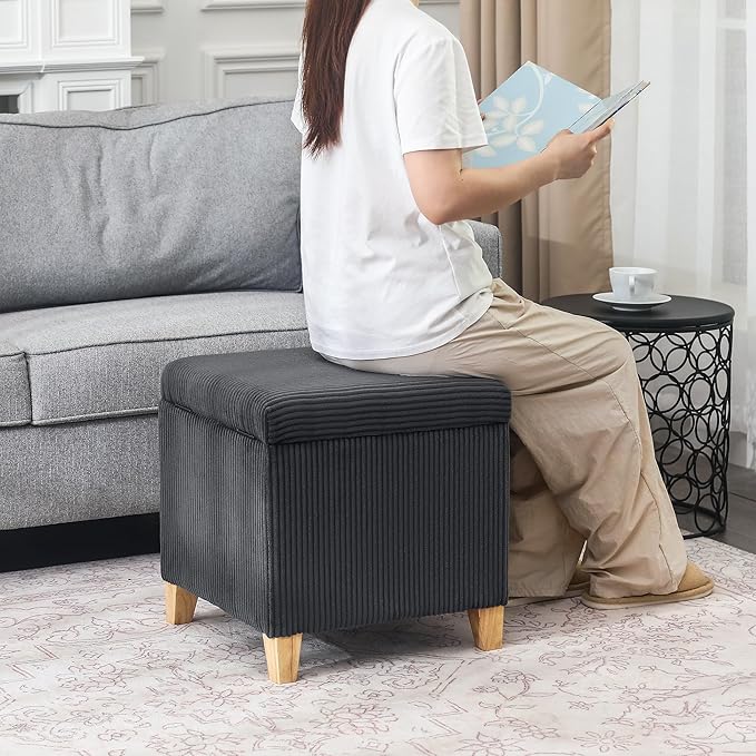 Adeco 18 Inch High Faux Fur Grey Cube Ottoman Storage, Fluffy Striped Velvet Chair Foot Stools, Small Bench Upholstered Vanity Stool with Hinged Lid, Solid Wood Legs-Ruum Studio Home
