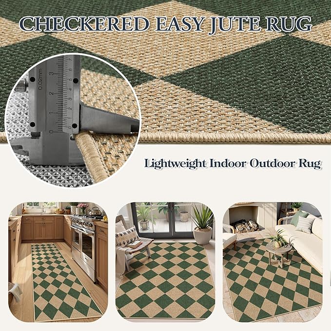 Lahome Checkered Kitchen Runner, 2x8 Easy Jute Runner Rug for Hallway Entryway, Farmhouse Indoor Outdoor Non Slip Non Shedding Green Carpet for Laundry Bedroom Porch Corridor-Ruum Studio Home