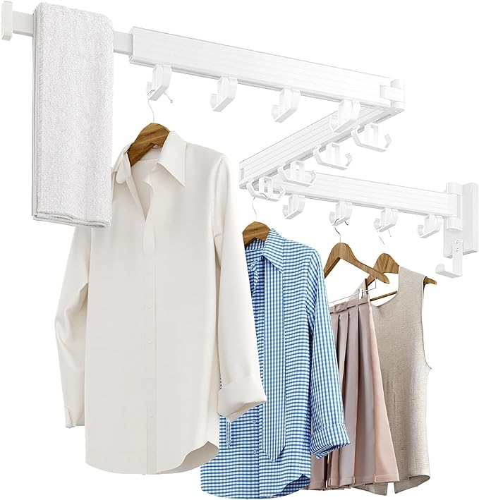 Clothes Drying Rack Wall Mounted, Retractable Drying Racks for Laundry, Foldable Drying Rack With 12 Hooks, Sturdy Tri-Fold Wall Mounted Space Saver for Laundry Room Balcony Bathroom - 49.8", White-Ruum Studio Home