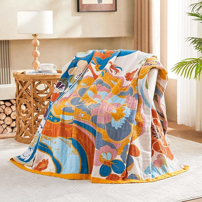Boho Throw Blanket, Lightweight Blankets for Summer, 100% Cotton Bohemian Decorative Throw Blanket, 80"x90" Reversible Muslin Breathable Woven Farmhouse Blankets Quilt,-Ruum Studio Home