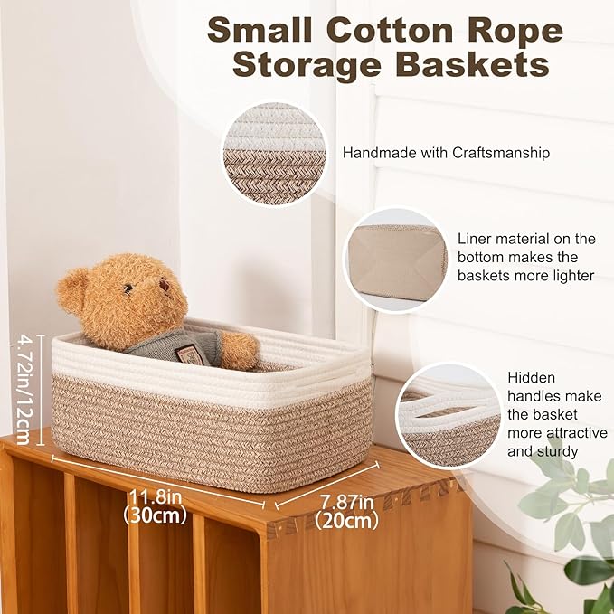 3 Pack Small Storage Baskets for Organizing, Cute Woven Decorative Gift Baskets for Shelves, Mini Closet Organizer Bins with Handles, 11.81''Lx7.87''Wx4.72''H-Brown and White-Ruum Studio Home