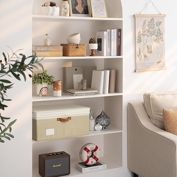 GRANNY SAYS Decorative Storage Boxes with Lid, Large Storage Bins with Double-Open Lid and Divider, Fabric Storage Bin for Clothes, 63L Closet Linen Storage Bin, White/Khaki-Ruum Studio Home