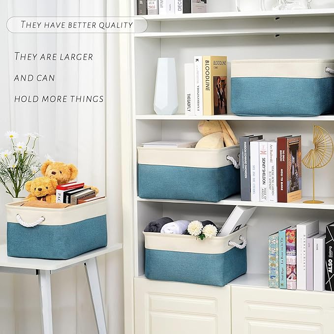 TcaFmac Storage Basket for Organizing - Large 4 Pack Fabric Storage Bins Baskets for Shelves with Ropes, Collapsible Storage Cubes for Closet Toy (White & Green16x12x8 inch)-Ruum Studio Home