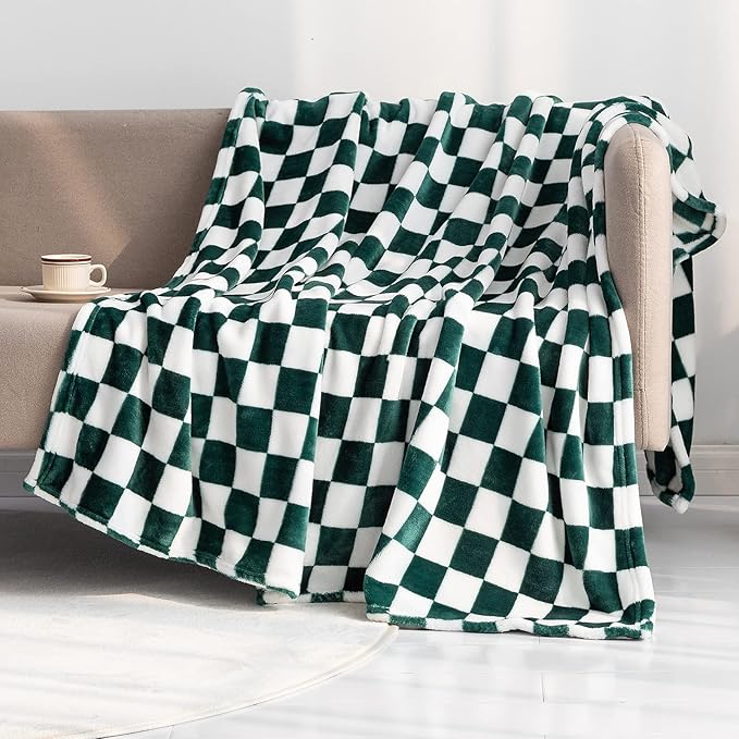 LOMAO Throw Blankets Flannel Blanket with Checkerboard Grid Pattern Soft Throw Blanket for Couch, Bed, Sofa Luxurious Warm and Cozy for All Seasons (Green, 60"x80")-Ruum Studio Home