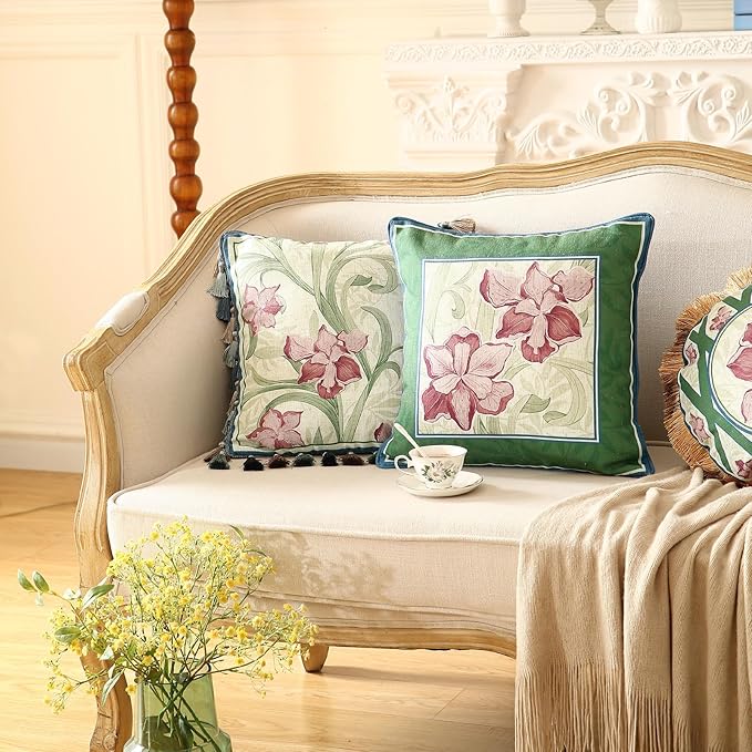 patdrea Designer Throw Pillow Covers Set of 4,French Elegant Green Linen with Iris Floral Collection Pattern Pillow Covers,Decorative Lumbar Square Round Pillowcases Cushion for Bed Living Room-Ruum Studio Home