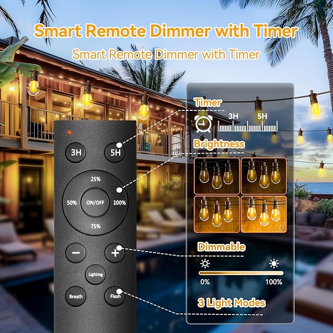 Outdoor String Lights Patio LED Light Outside - 20M 18+1 S14 LED with Remote Control 65ft Porch Lighting IP65 Waterproof-Ruum Studio Home