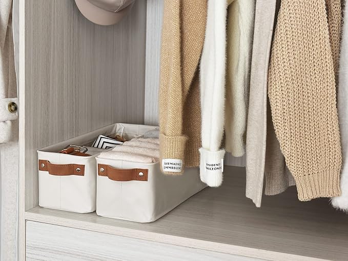 StorageWorks Narrow Storage Bins, Small Basket for Closet and Shelves, Fabric Organizer with Handles, Toilet Paper Storage, Beige, 2-Pack-Ruum Studio Home