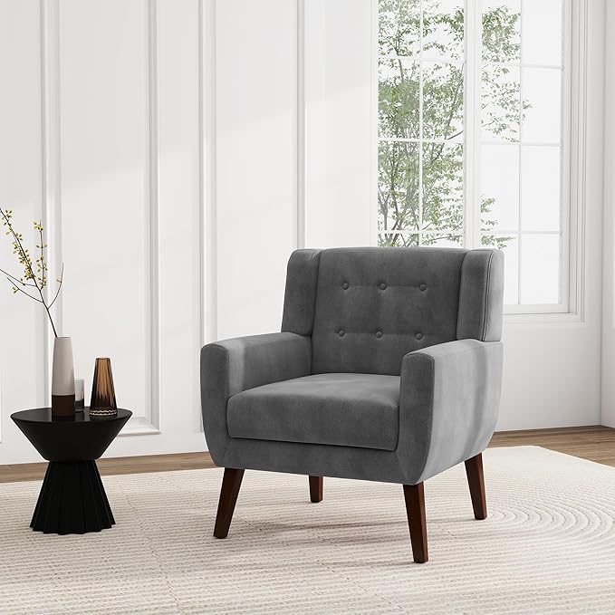 UIXE Accent Chair, Velvet Upholstered Armchair for Living Room, Modern Club Arm Chairs Comfy Single Sofa Button Tufted Bedroom Reading Seat - Gray, Set of 1-Ruum Studio Home