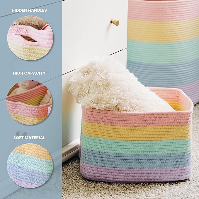 OrganiHaus Set of 3 Rainbow Woven Storage Baskets for Organizing, Cotton Rope Organizer Bins for Shelves, Closet & Nursery, Dog Toy Basket, Decorative Bins for Toys, Towels & Books - 15x10x9-Ruum Studio Home