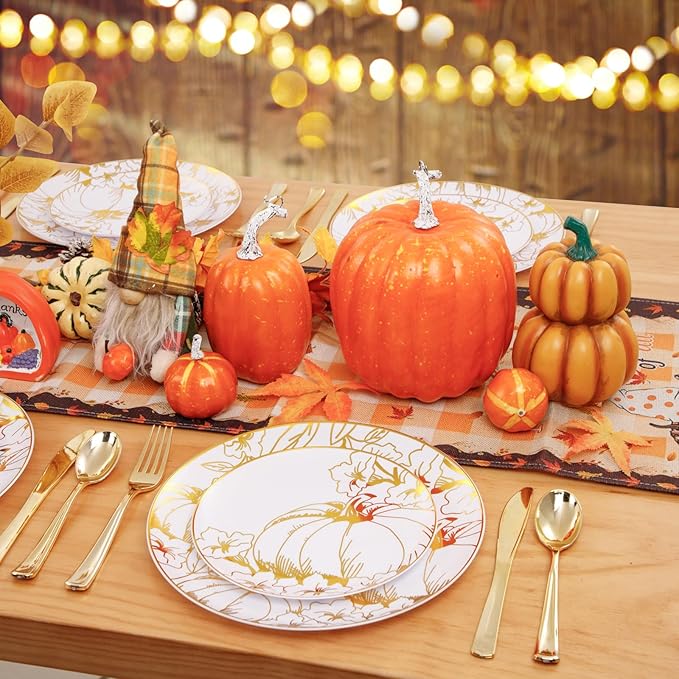 FLOWERCAT 60PCS Thanksgiving Plates & Gold Pumpkin Plates - Including 30PCS 10.25inch Thanksgiving Dinner Plates and 30PCS 7.5inch Thanksgiving Dessert Plates for Giving Thanks Theme Party-Ruum Studio Home
