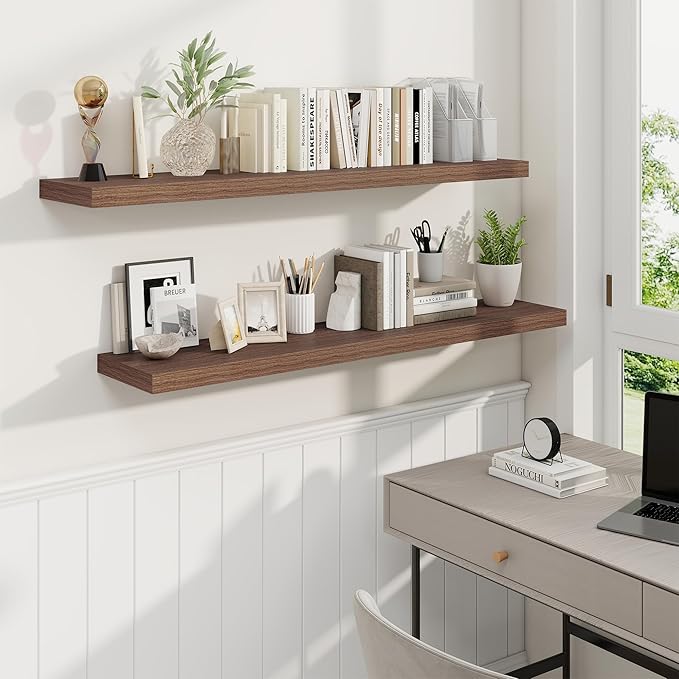 Fun Memories 48 Inch Deep Floating Shelves for Wall, 2 Pack of Long Wall Mounted Wood Shelves with Invisible Brackets for Bathroom, Bedroom, Living Room, Kitchen Decor and Storage, Walnut-Ruum Studio Home