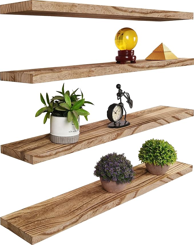 Wood Floating Shelves for Wall, Rustic Wall Shelves for Bedroom, Wall Mounted Floating Shelf, Set of 4 Light Walnut 36 Inch-Ruum Studio Home