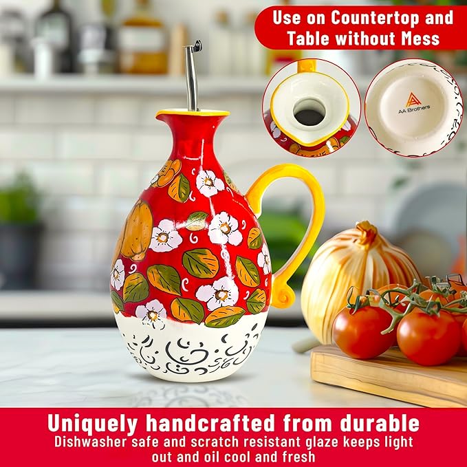 Hand-Painted Ceramic Olive Oil Dispenser Bottle – 40oz Decorative Stoneware Cruet with Stainless Steel Pour Spout – Elegant Kitchen Oil & Vinegar Container, Ideal for Coffee Syrups & More-Ruum Studio Home
