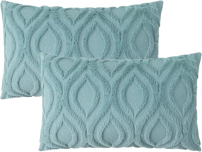 decorUhome Fall Throw Pillow Covers 12x20 Inch Set of 2, Soft Plush Decorative Faux Fur Aqua Solid Couch Pillow Covers, Accent Farmhouse Neutral Lumbar Euro Pillow Cases for Sofa Bed Living Room-Ruum Studio Home