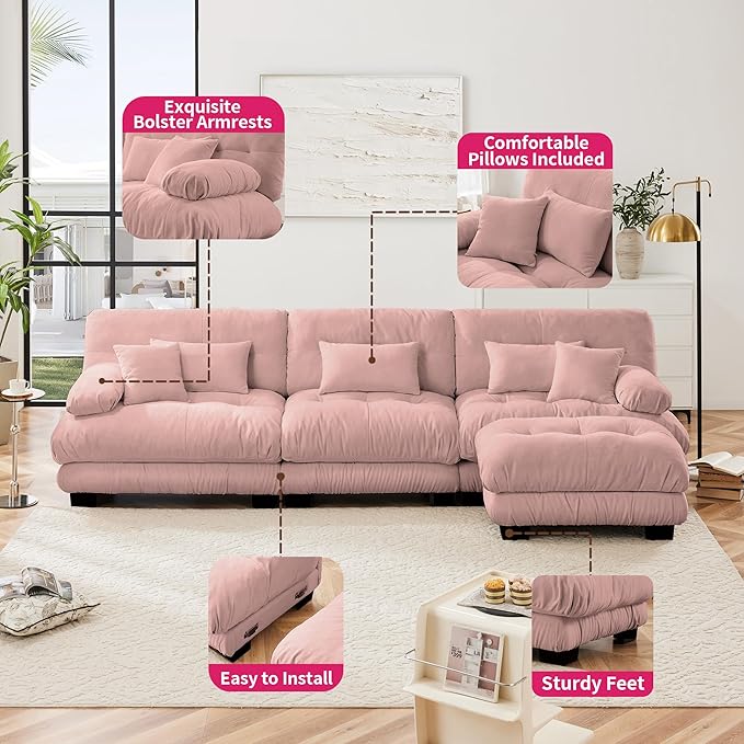 Pink 3-Seater L-Shaped Cloud Couch, Oversized Loveseat Sectional Sofa with Ottoman, Chenille Fabric, Modern Style-Ruum Studio Home