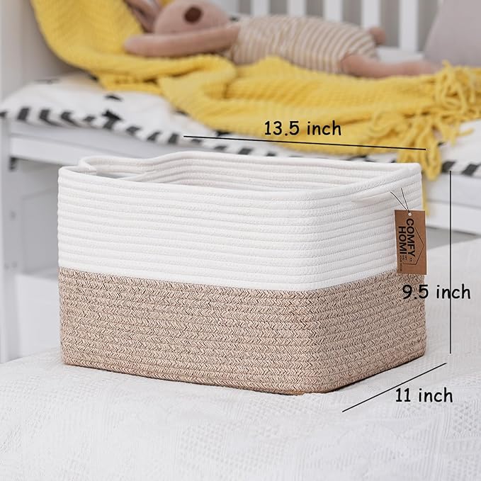 COMFY-HOMI 3-Pack Cotton Rope Woven Basket with Handles for Shelves, Books, Toys, Cloth Storage|Towel Storage|Nursery Baby Basket - 13.5" x 11" x 9.5" for Living Room (White/Brown)-Ruum Studio Home