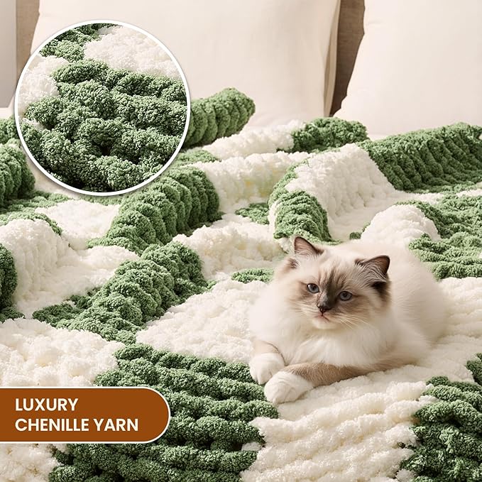 L'AGRATY Chunky Knit Blanket Throw: 60''x80'' Chenille Chunky Knitted Throw Blankets for Twin Bed Couch - Handmade Thick Cable Knit Blanket - Large Crochet Blankets for Home Decor(Green Checkered)-Ruum Studio Home