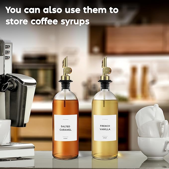 Olive Oil Dispenser Bottle - Includes 55 Kitchen Essential Labels - Cooking Oil Bottles for Kitchen, Coffee Syrup Dispenser - Pourer Spout with 16.9 fl oz Glass Container Cruet - 2pcs, Gold-Ruum Studio Home