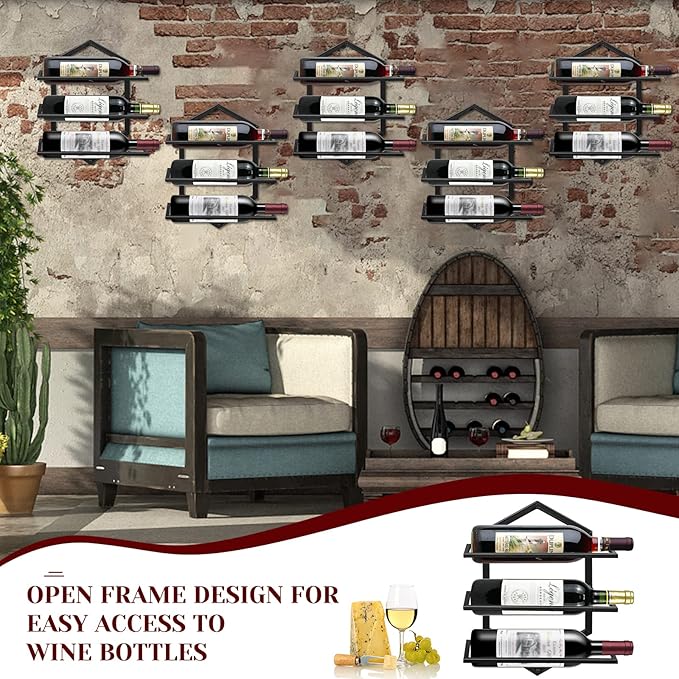 2Pcs Wall Mounted Wine Stemware Rack, Metal Hanging Wine Glass Display Holde Holds 3 Bottles, Elegant Storage for Kitchen Dining Room Bar Wine Cellar-Ruum Studio Home