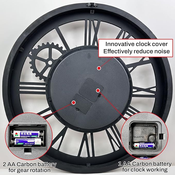 The B-Style Large Wall Clock 24 inch Moving Gear Wall Clock Oversized Vintage Farmhouse Wall Clocks for Living Room Decor Rustic Industrial Wood Clock (Carbon Gray, 36 inch/90cm)-Ruum Studio Home