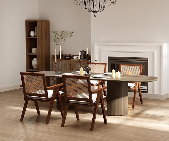 Rattan Dining Chairs Set of 2, Farmhouse Wicker Dining Chairs with Removable Linen Cushion Accent Cane Armchair for Dining Room Kitchen Restaurant, Walnut-Ruum Studio Home