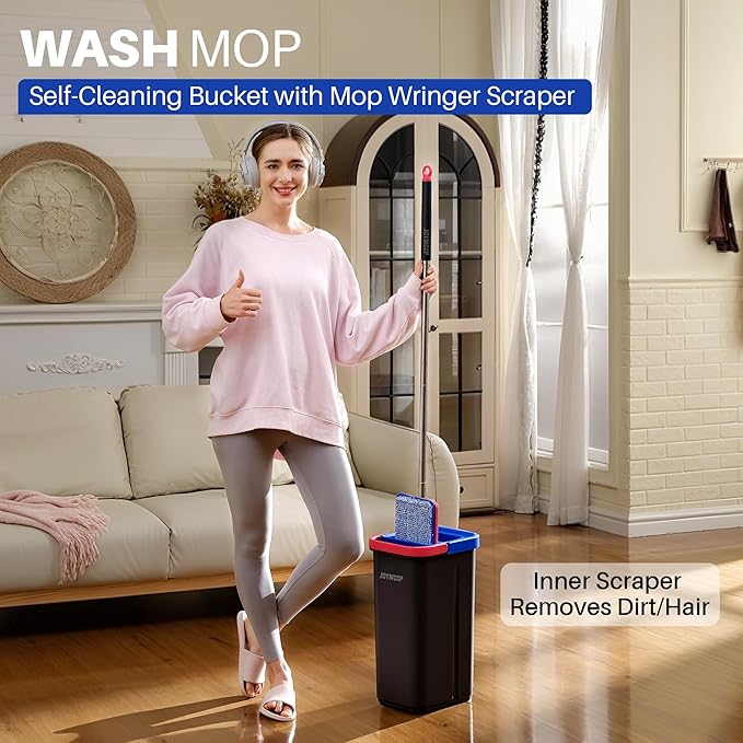 JOYMOOP Mop and Bucket Set for Home, Hands-Free Self-Cleaning System, with 5 Reusable Microfiber Mop Pads, Suitable for Floor Cleaning and Wall Cleaner - Black+Red+Slate Blue-Ruum Studio Home